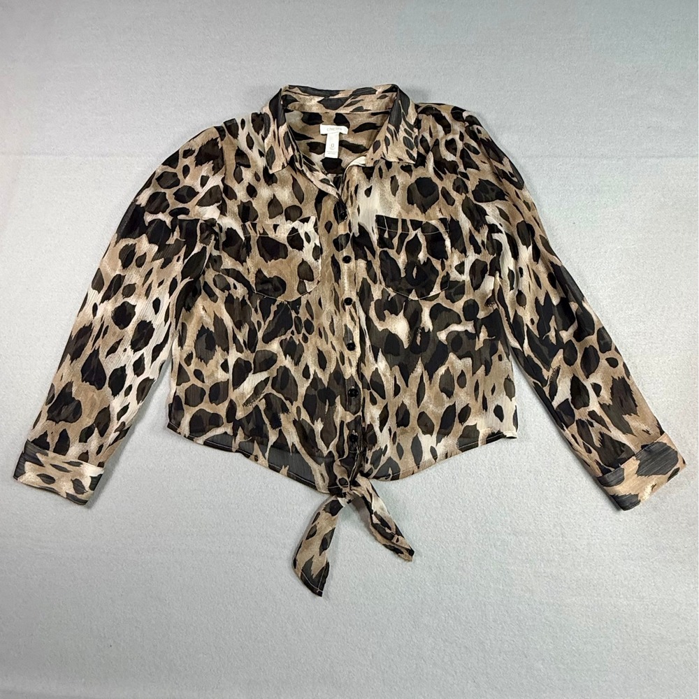 Chicos Leopard Print Tie Front Blouse S Brown Animal Print Sheer Office Chic